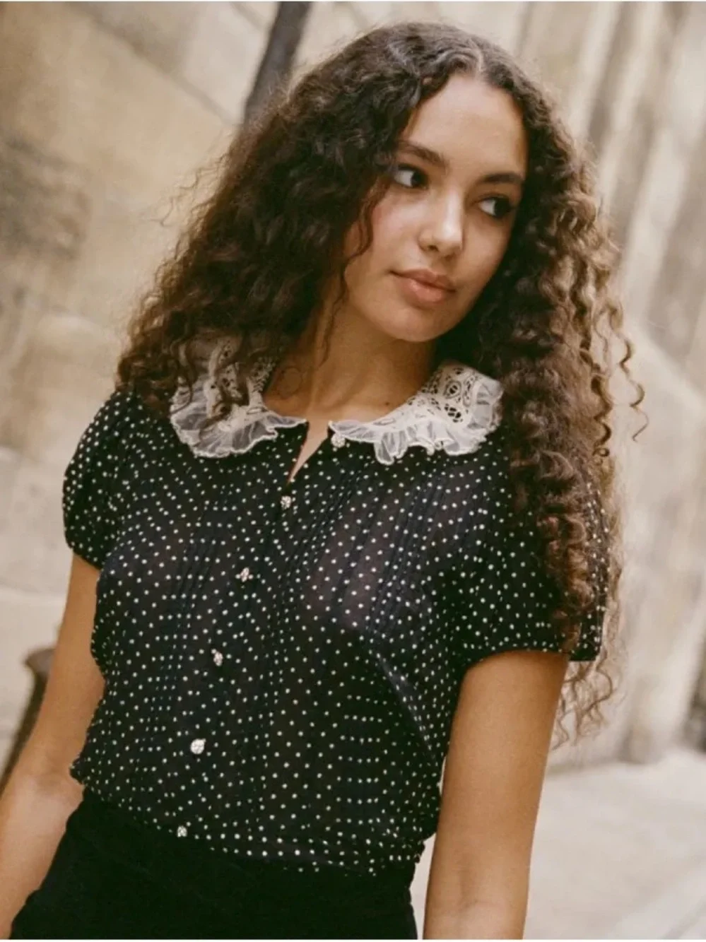 Doen Oleta blouse Lace-Collar Puff Sleeve Polka Dot Top 100% cotton